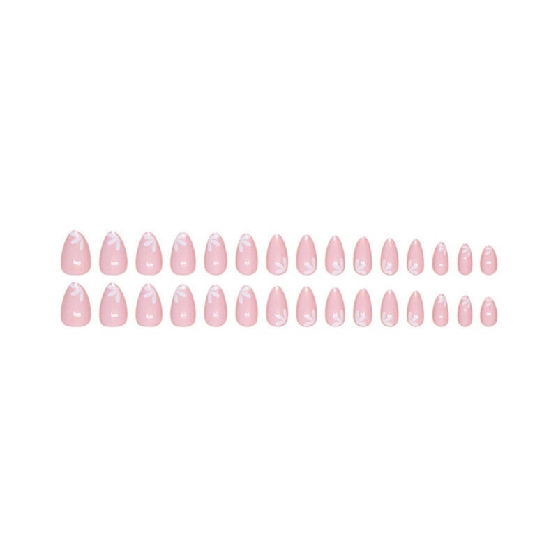 CTTHNBD Short Press Almond Pink False Nails with Cute Flower Design - Glitter Acrylic Glossy Full Cover Glue on Shiny Artificial Nails for Women's Manicure - 30Pcs - Image 5